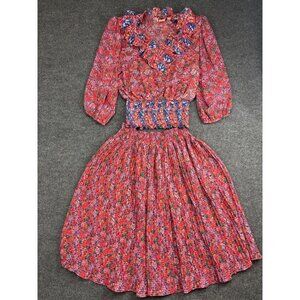 VNTG Susan Freis 2 Piece Skirt Set Womens Large Red Floral Ruffle Neck USA Boho